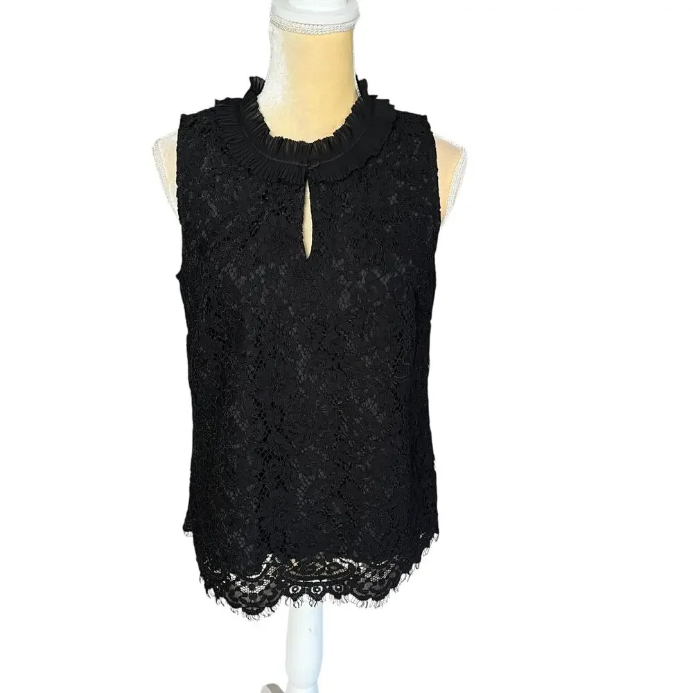 J Crew Black Lace Keyhole Ruffle Neck Top Blouse Size Small NEW